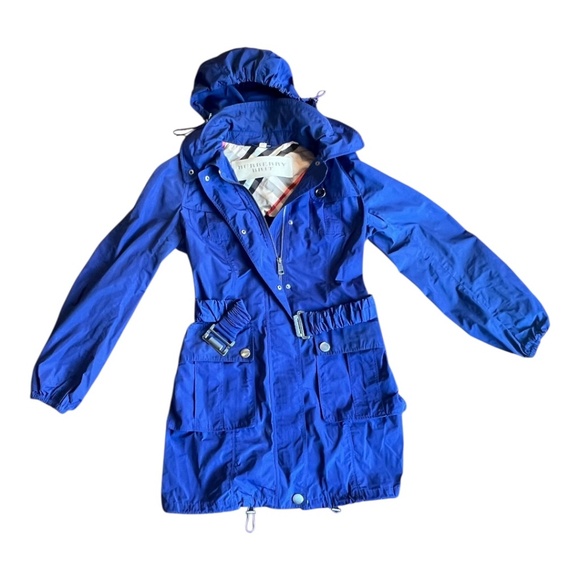 Burberry Brit Royal Blue Trench Coat Zip-In Hood Belted Women’s Size 8 - Picture 2 of 16